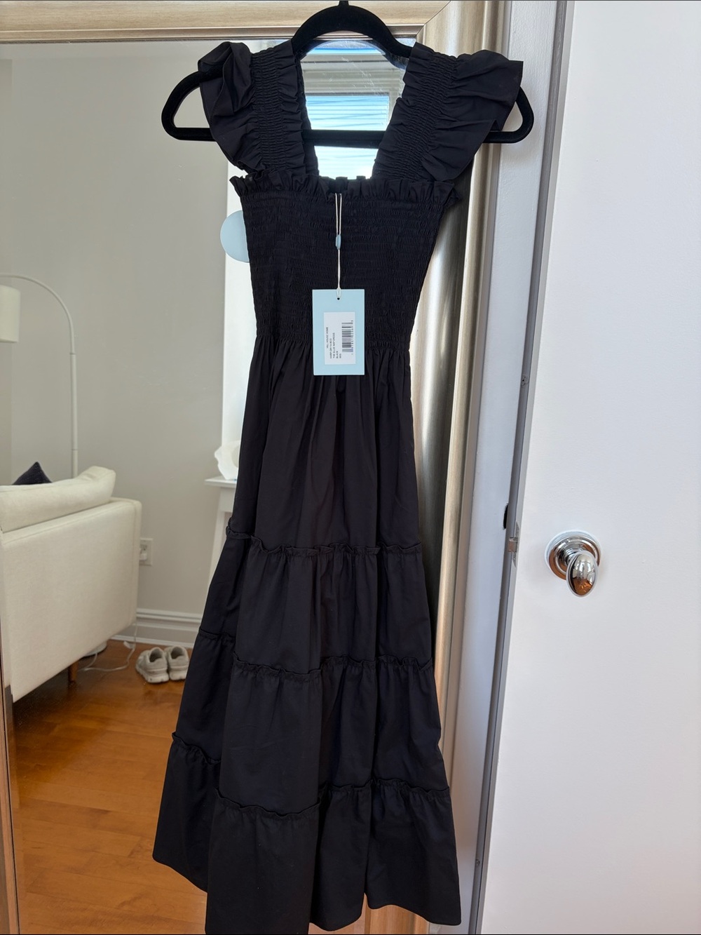 Black Smocked Midi Dress with Ruffle Straps